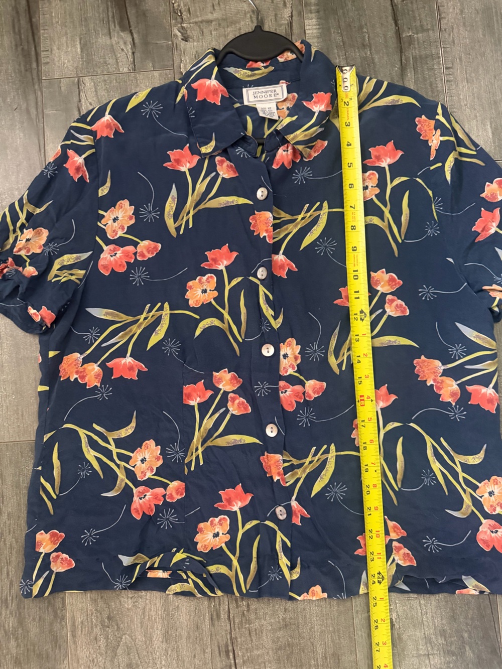 Vintage Jennifer Moore 100% Silk Floral Blouse Size 12 Navy Button Front - Picture 4 of 9